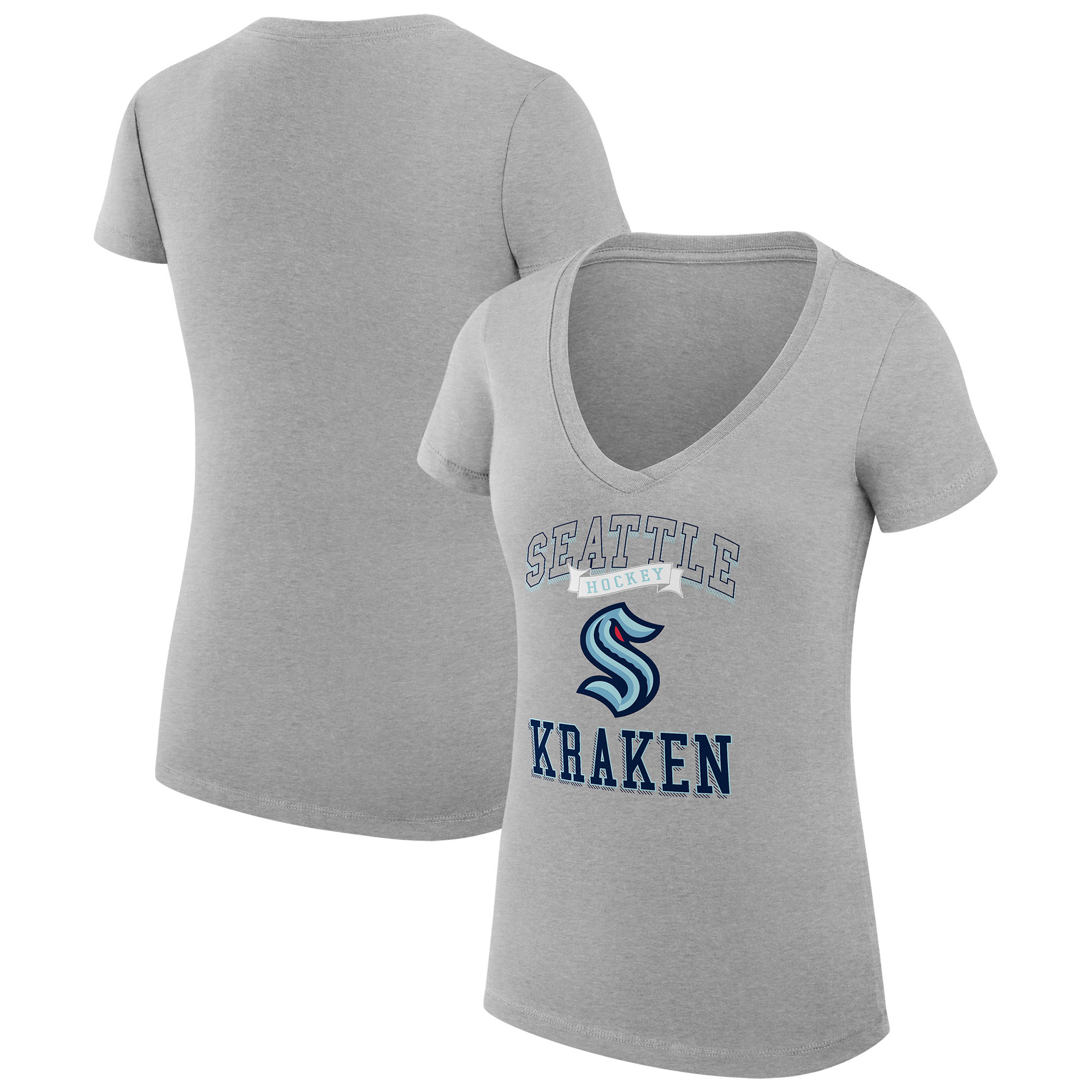 Women's G-III 4Her by Carl Banks Heather Gray Seattle Kraken Super-Slim Fit Lightweight Team Logo Graphic V-Neck T-Shirt